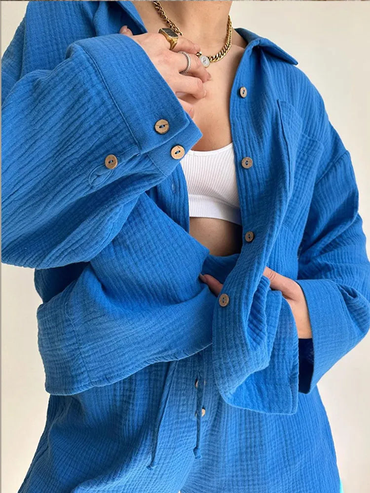 Classic Solid Shirt Pants Set Women Casual Loose Long Sleeved Lapel Elastic Waist Two Piece Suit 2025 New Summer Street Outfit