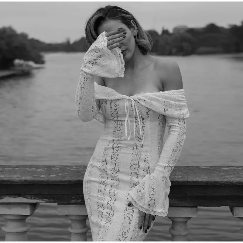 Elegant Cut Out Flared Long Sleeve Maxi Dress Women's Lace Up Hollow Out Off Shoulder Bodycon Vestidos 2025 Lady Outwear Vestido