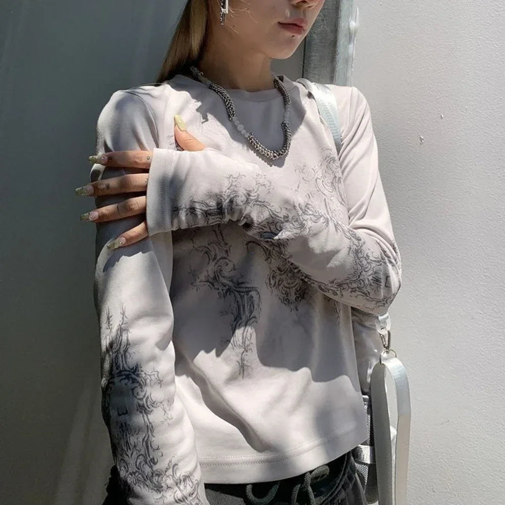 Vintage Women Clothes Y2K T-shirts 2023 Blusas O-neck Long Sleeve Print Tunic Woman Clothing Fashion Casual Crop Tops Shirts