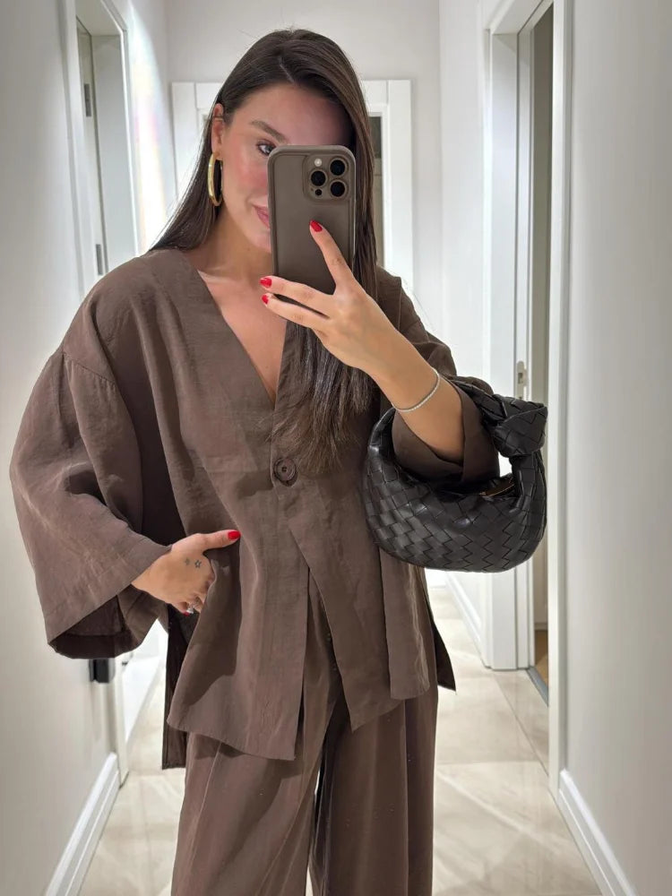 Women Classic Solid Wide Leg Pants Suits Summer Fashion V-neck One Button Loose Blouse Sets Casual Female Daily Streetwear 2025