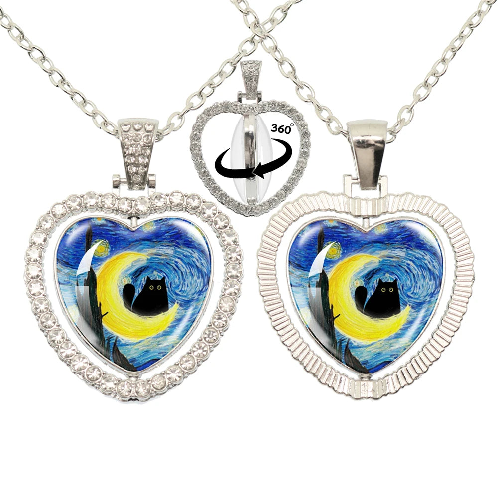 Lovely Little Cat Glass Cabochon 360 Degree Rotating Heart Shaped Pendant With Double-Sided Necklace For Girls' Birthday Gift Je