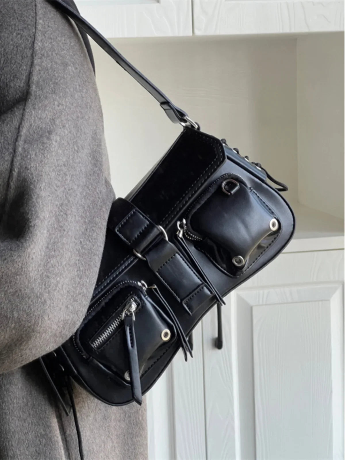 Y2K Korean Women Harajuku Vintage Gothic Black Hand Bag Aesthetic Elegant Punk Wallet Purse Handbags Shoulder Trend Tote Bags