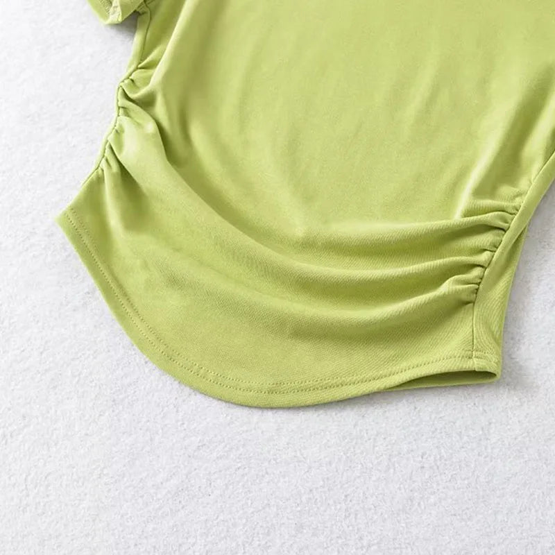 2024 Harajuku Women Crew Neck Short Sleeve Cotton Tee With Ruched Sides Detail T-shirts