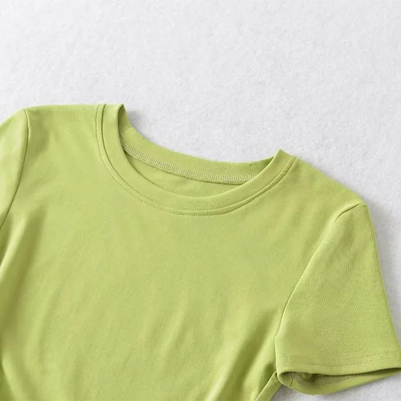 2024 Harajuku Women Crew Neck Short Sleeve Cotton Tee With Ruched Sides Detail T-shirts