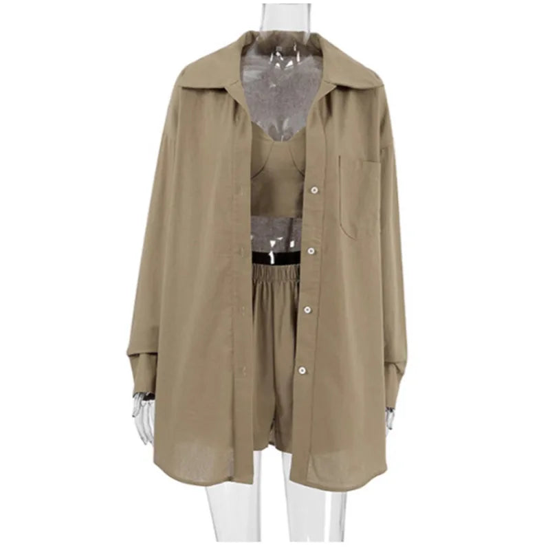 Women Elegant Stripes Cotton Linen Loose Shirt Shorts Suits Fashion Lapel Half Sleeves Elastic Waisted Shorts Summer Lady Outfit