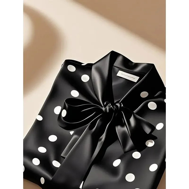 Women High Quality Satin Polka Dot Print Shirt Office Lady Business Casual Elegant Chic Blouse Lace-up Bow Long Sleeve Loose Top