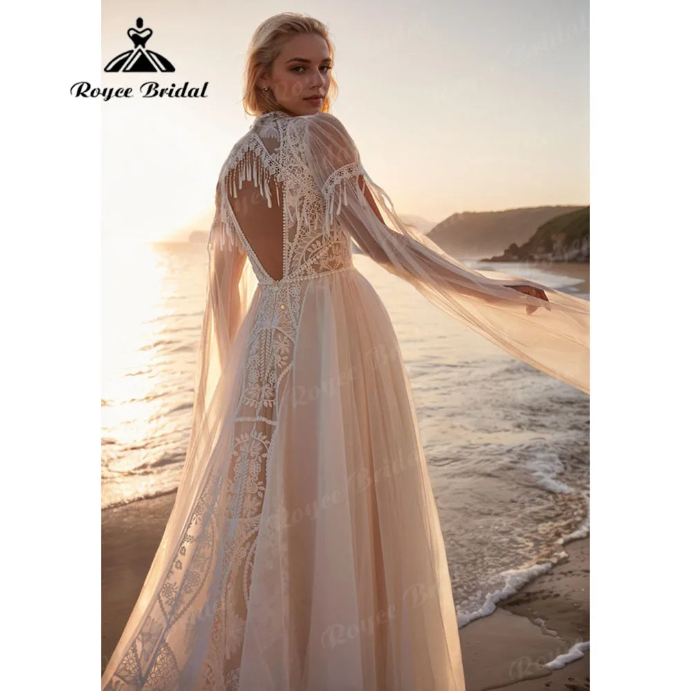 Hippie Flowy Lace Boho Bohemian Backless Wedding Dress with Cape 2025 Customzied Bridal Gown for Women robe mariée bohème Elopem
