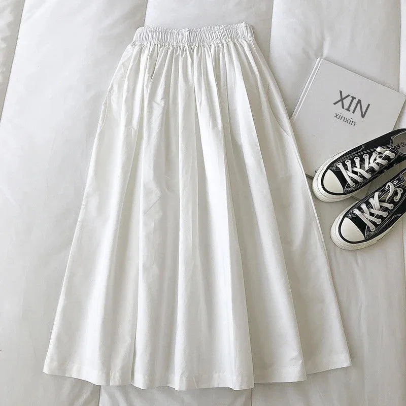 Women White Long Skirt Fashion Pockets Pleated Knee Length Skirts Autumn 2024 New Casual Elegant High Waist A Line Femme Skirts