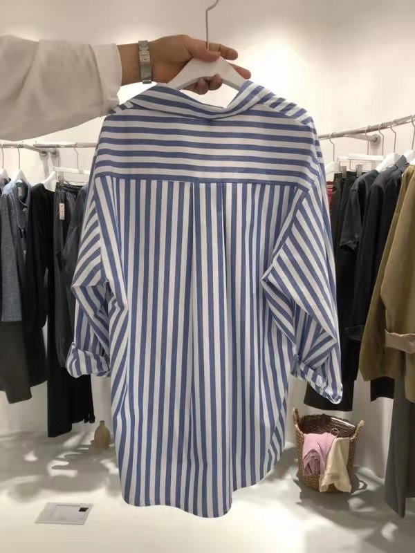 South Korea Dongdaemun Striped Shirt Women's Design Sense Niche 2023 Autumn New Western Style Shirt Student Shirt Fashion