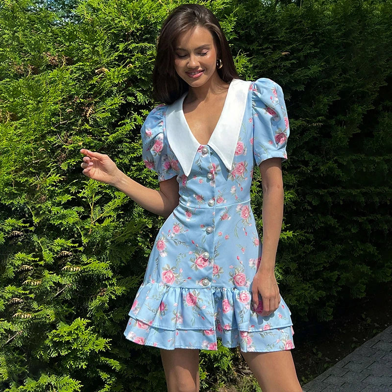 Tornova Print Puff Sleeves Ruffled Dress Women's V-Neck High Waist Pearl Buttons Mini Dress Female Casual Vacation Fashion Dress
