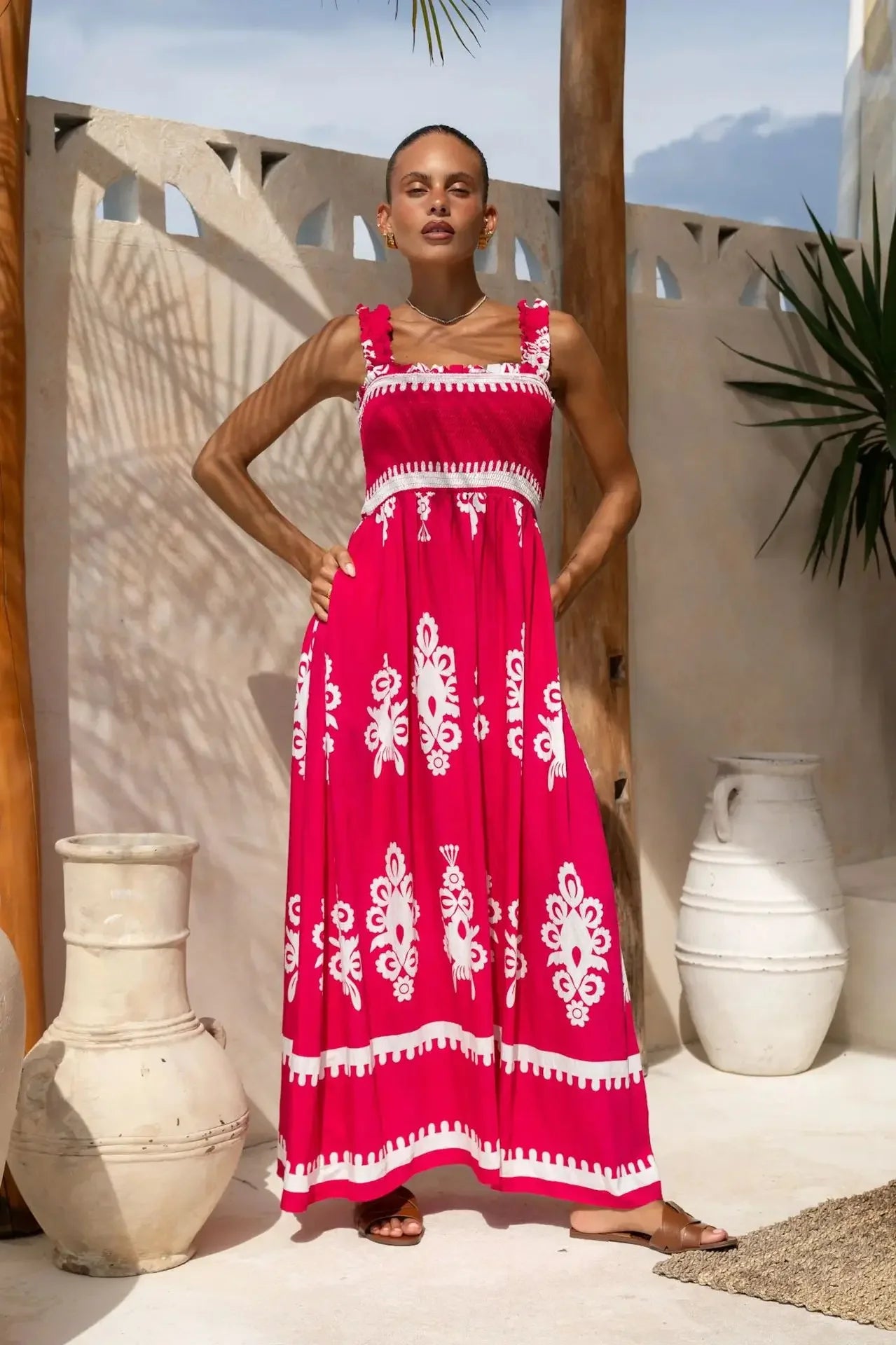 2025 Summer Fashion New Women's Bohemian Style Dress Beach Vacation Printed Strap Fold A-line Length Dress
