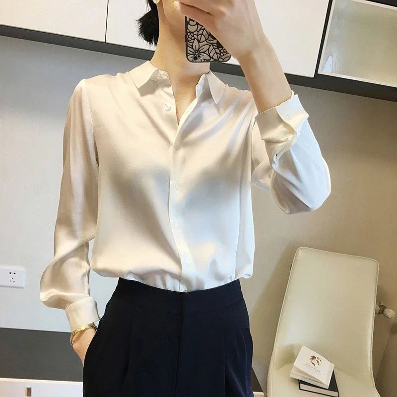French Elegant Women Satin Glossy Shirt Summer Solid Loose Long Sleeve Blouses Office Lady's All-Match Shirt Vintage Casual Top