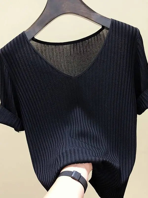 Knitted short sleeve Women V-Neck T Shirts 2025 Blue Slim Black thin knit Orange Tops Ladies Summer Camiseta Summer T shirts