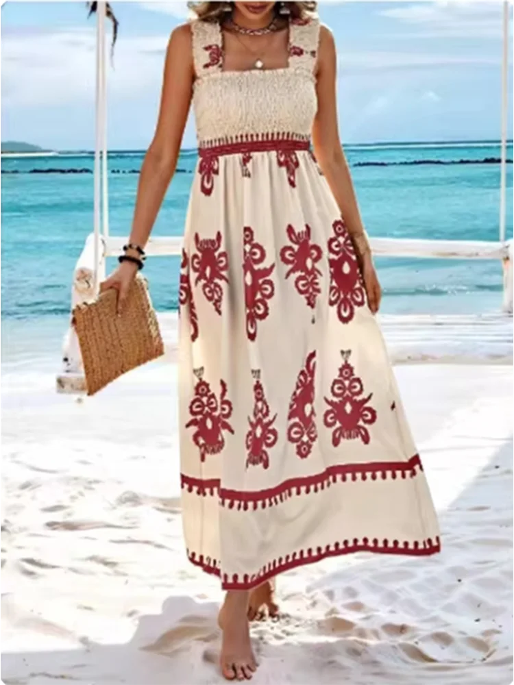 Summer Sleeveless Square Collar Printed Dress Women Suspender High Waist A Line Dresses Beach Vacation Robe