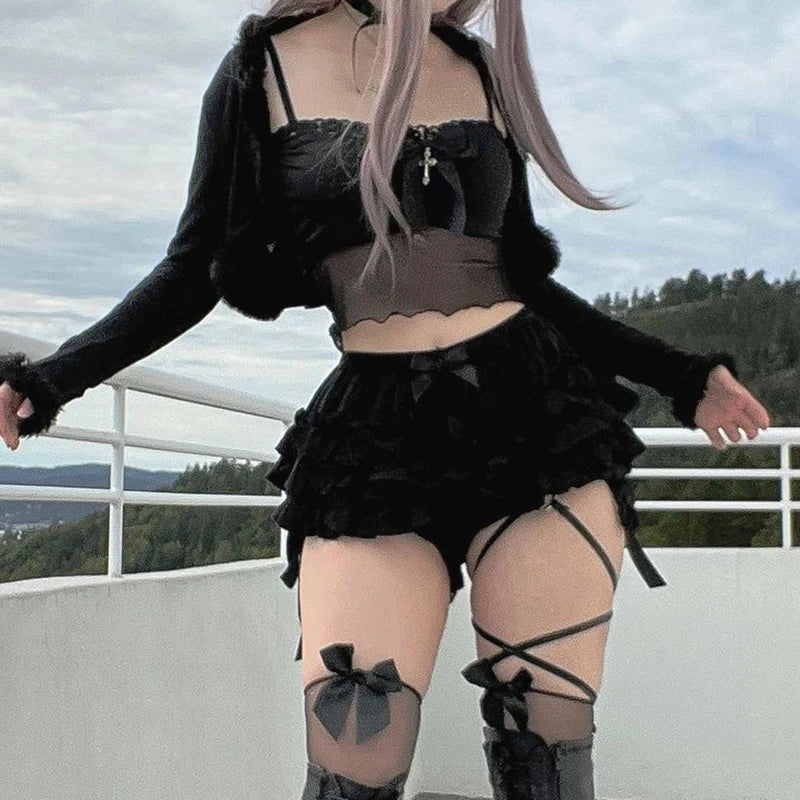 AltGoth Mall Goth Hotsweet Shorts Women Aesthetic Y2k E-girl Cute Sweet Fairycore Grunge Lace Bow Patchwork High Waist Shorts