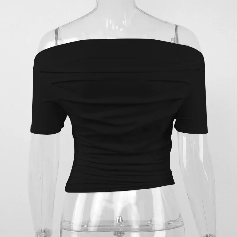 Summer New T-shirt Women Sexy Short Sleeve Fashion Tees Slash Neck Folds Crop Top Casual Streetwear Bodycon Solid Basic T-shirts