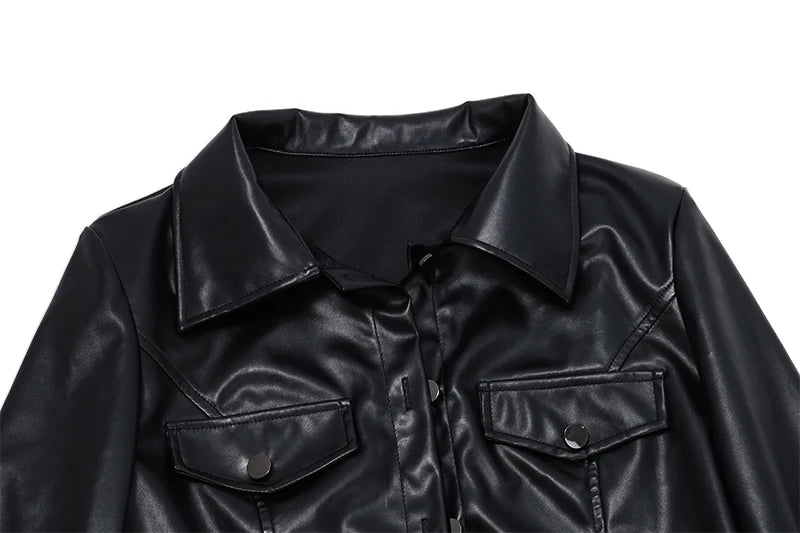 Xeemilo Autumn Faux Leather Short Jacket Y2K Turn-down Collar Fashion Botton Decoration PU Coat 2022 Grunge Street Casual Coats