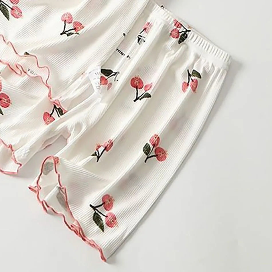 Girls Summer Pajama Set Cherry Blossom Print 4-Way Stretch Shorts & Tee Breathable Modal Blend for Bedtime and Playtime for 1-8Y