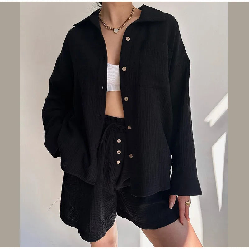 Classic Solid Shirt Pants Set Women Casual Loose Long Sleeved Lapel Elastic Waist Two Piece Suit 2025 New Summer Street Outfit