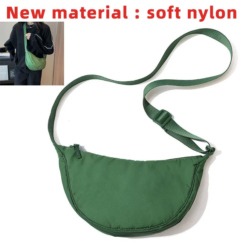 Solid Color Women's Portable Shoulder Bag Simple Female Nylon Cloth Padded Crossbody Bags Travel Purse Handbags Messenger Bag