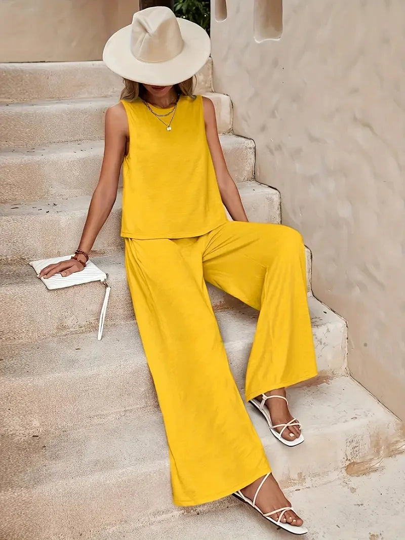 QX Womens Sleeveless Summer 2025 Pants Suit Flash Sale Solid Color Elegant Two Piece Round Neck Suit