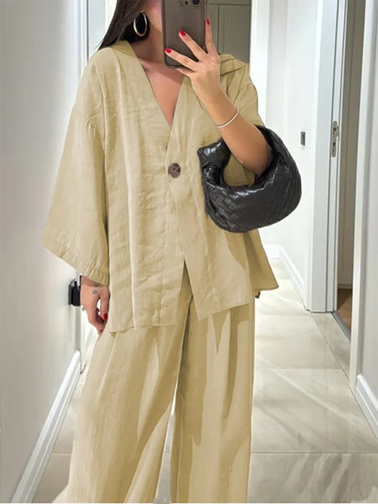 Women Classic Solid Wide Leg Pants Suits Summer Fashion V-neck One Button Loose Blouse Sets Casual Female Daily Streetwear 2025