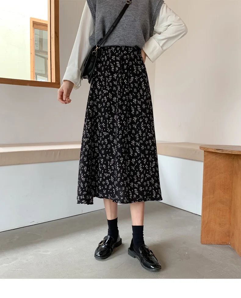 Vintage Floral Print A-line Pleated Long Skirts Summer Women 2024 Korean Skirt Streetwear Drawstring Elastic Waist Midi Skirt