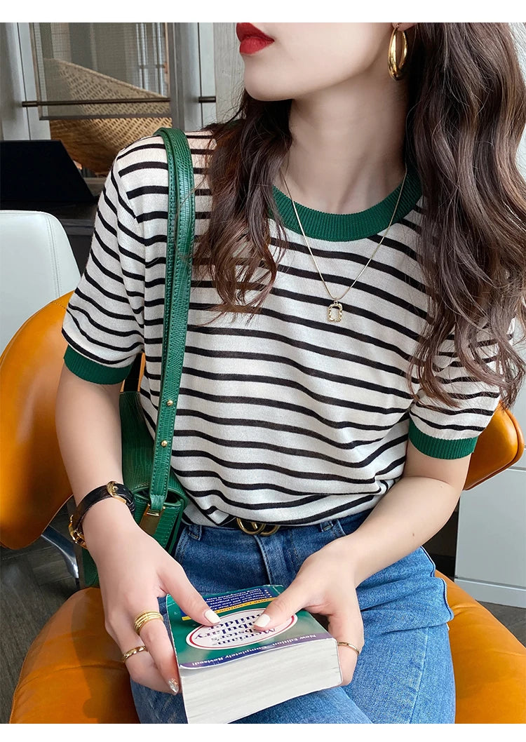 2025 Stripe Tops Women Knitted Round Collar Summer Print Short Sleeve Casual Simple Wild T-Shirt