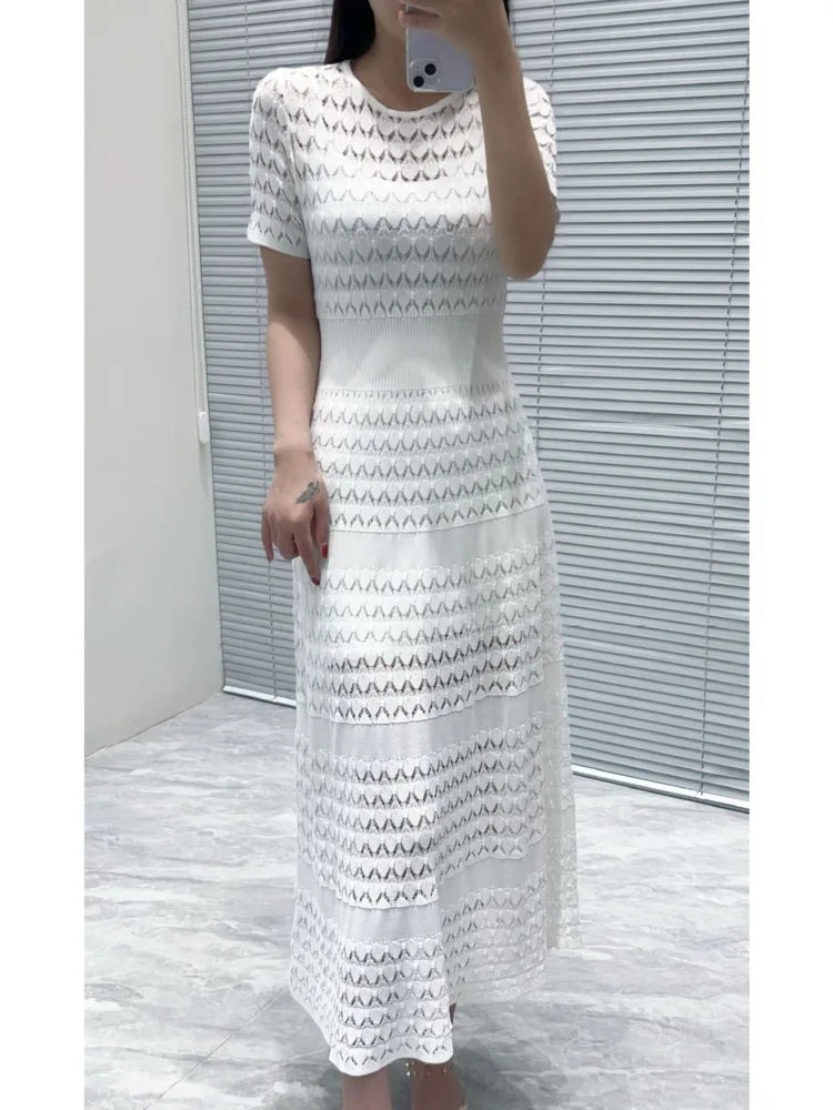 CHUJIE Women's 2025 Summer Lace Trim Dress Set - Round Neck Short Sleeve Midi Dress + Slip Dress 2 Piece Set (Rayon Nylon Blend)