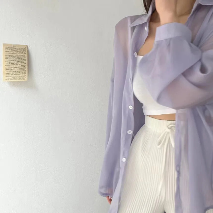 8 Colors Shirts Women Sheer Thin Chic Summer Simple Solid Sun-proof Temper Fashion Baggy All-match Basic Korean Style Clothes