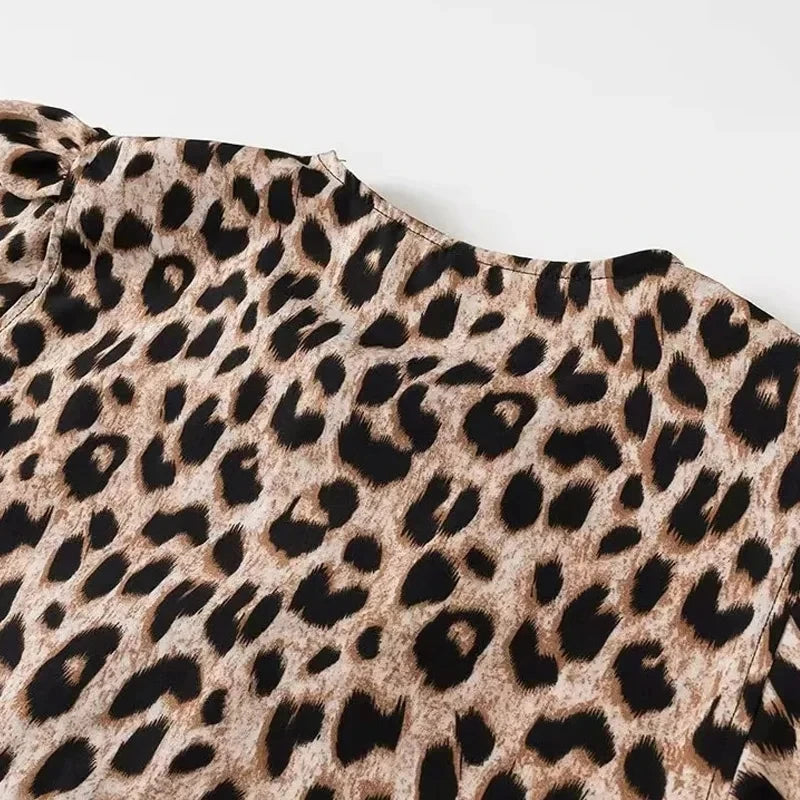 TRAF Leopard Print Crop Top Women Puff Sleeve Ruffle Blouses Woman 2024 Summer Shirts and Blouses for Women Ruched Ladies Tops