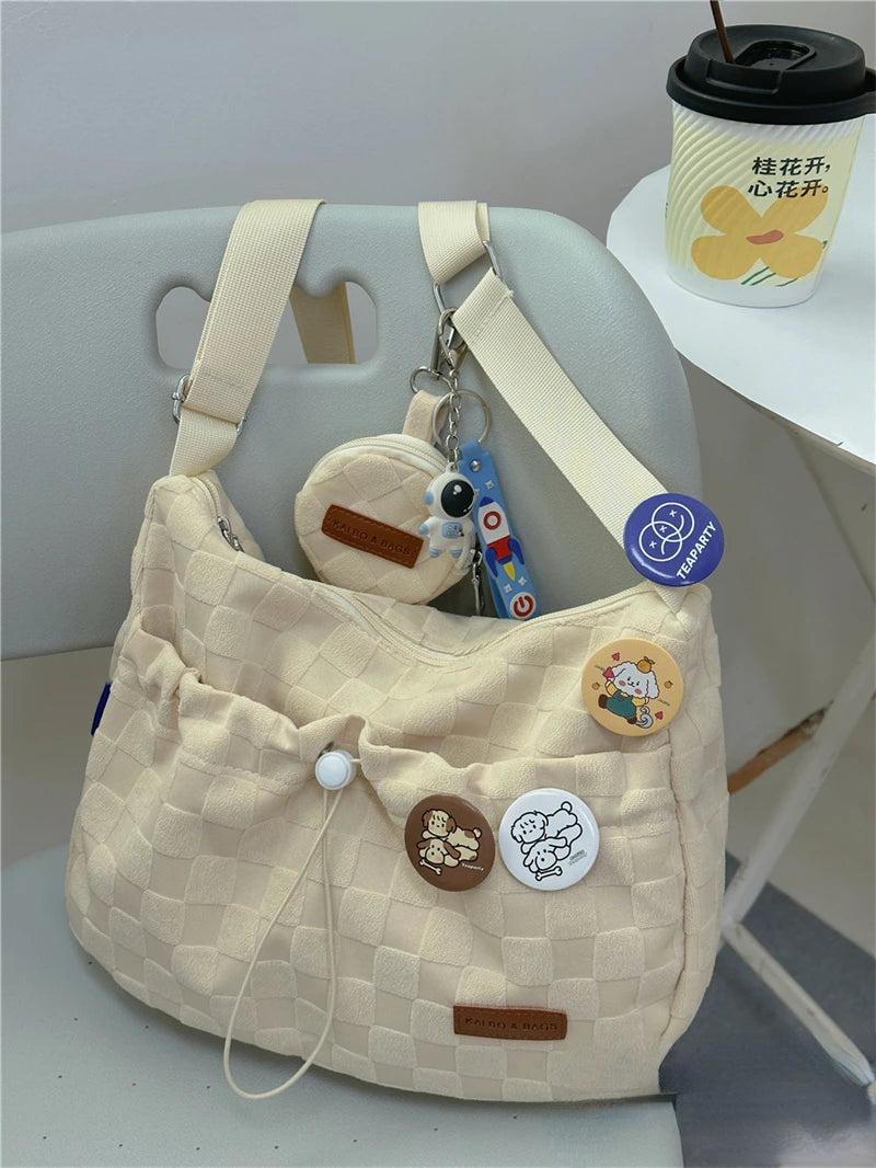 Xiuya Harajuku Style College Crossbody Bag Solid Color Plaid Print Large Capacity Shoulder Bag New Cute Fashion Designer Handbag