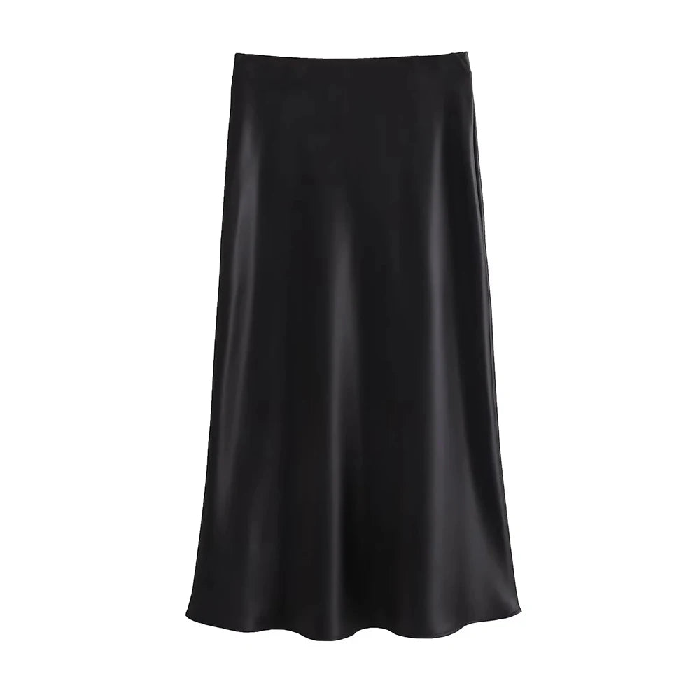 TRZA Women's Soft Touch Silk-Like Midi Skirt High Waist Elastic Waistband Chic Fashion Female Skirts Elegant Mujer