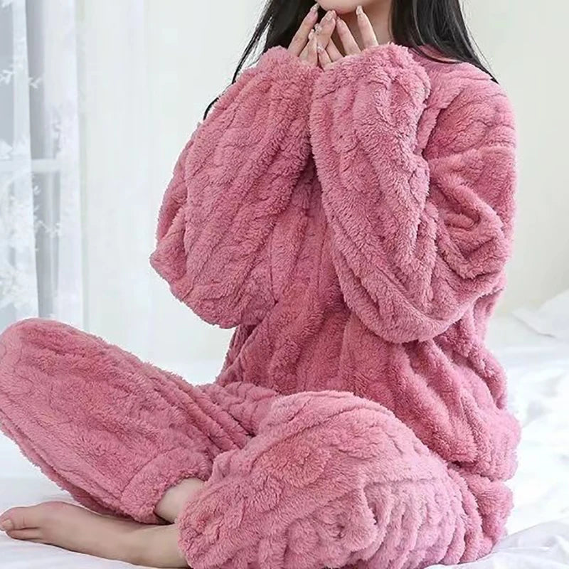 Autumn Women Solid Warm 1/2 Piece Sets Thicken Velvet Ribbed Fleece Set Pullover And Pants Women Casual Pajama Sets 2025