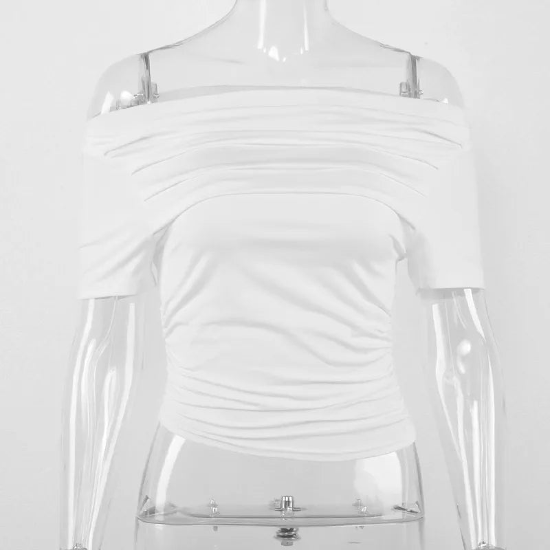 Summer New T-shirt Women Sexy Short Sleeve Fashion Tees Slash Neck Folds Crop Top Casual Streetwear Bodycon Solid Basic T-shirts