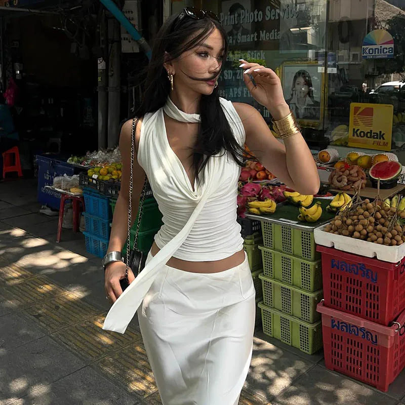 Solid Tank Summer New Women Sexy Sleeveless V-Neck Lady Top Fashion Bandage Streetwear Casual Slim Tank Elegant Knitted Clothing