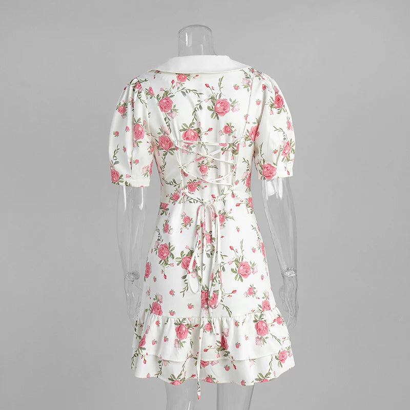 Tornova Print Puff Sleeves Ruffled Dress Women's V-Neck High Waist Pearl Buttons Mini Dress Female Casual Vacation Fashion Dress