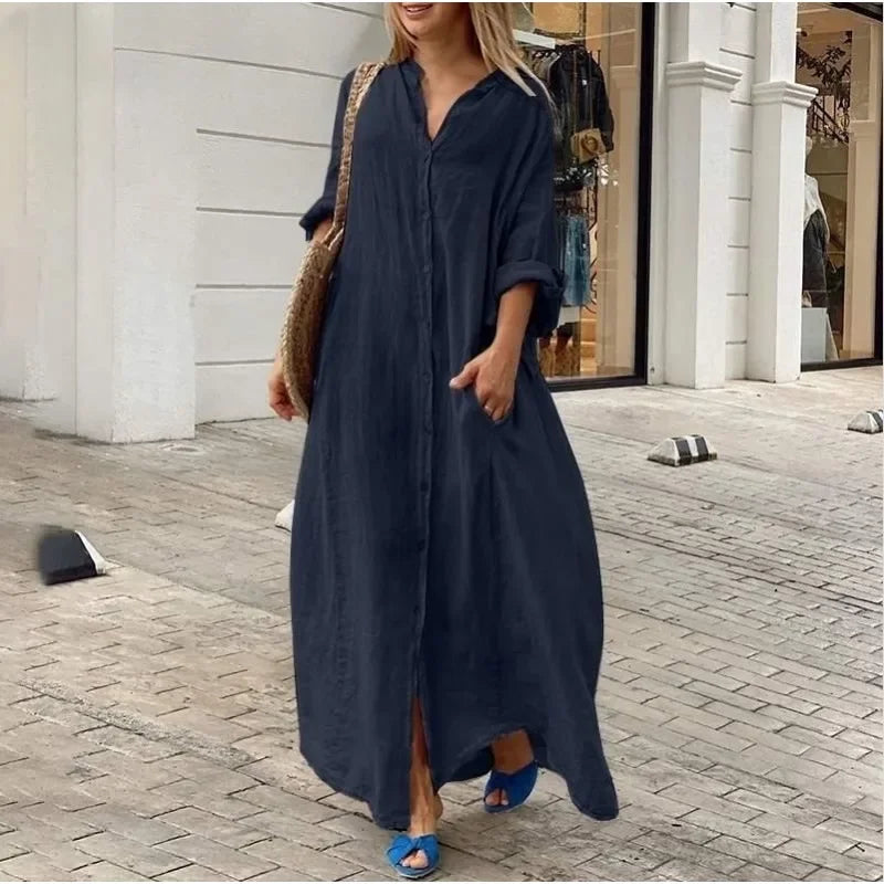 Women's L-5XL Plus Size Oversized Summer Casual Loose Pocket Flip Collar Long Dress Solid Color Casual Button Loose Oversized