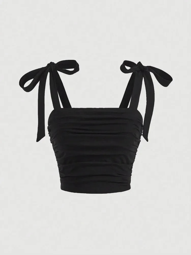 Solid Tie Shoulder Ruched Wide Strap Slim Fit Crop Top for Women Summer 2024 Y2K Clothes Pink Backless Cami Top Streetwear