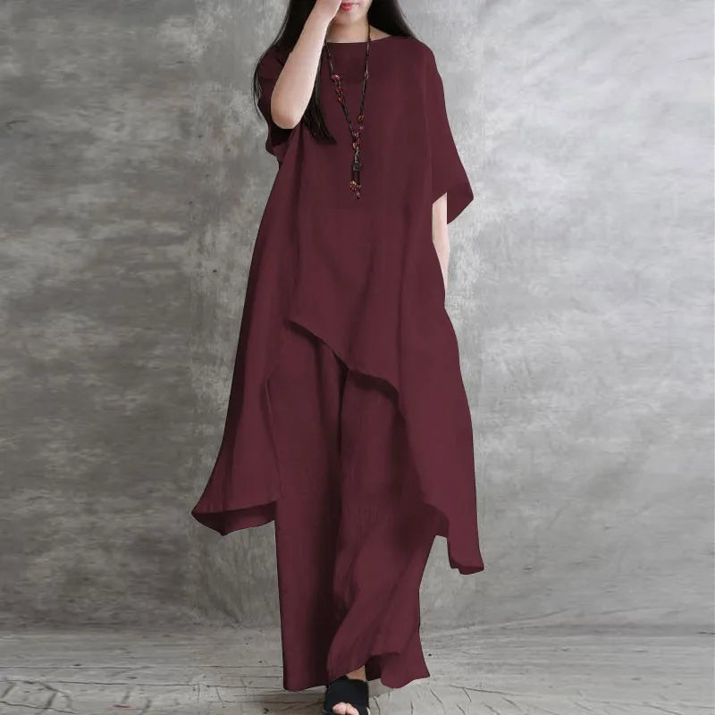 Women Cotton Linen Pant Sets 2 Pieces Casual Half Sleeve Solid Loose Blouse&High Elastic Waist Wide Leg Full Trousers Suits