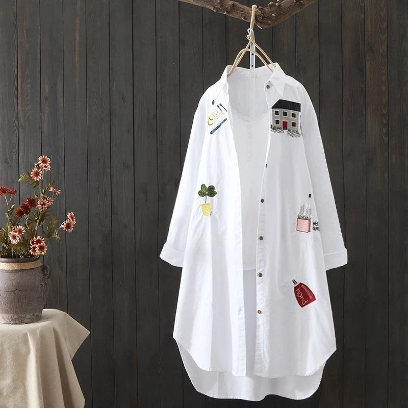 Women Cotton Embroidery Loose Long White Shirts 2025 Spring Autumn New Casual Office Lady Blouse Female Top Loose shirt