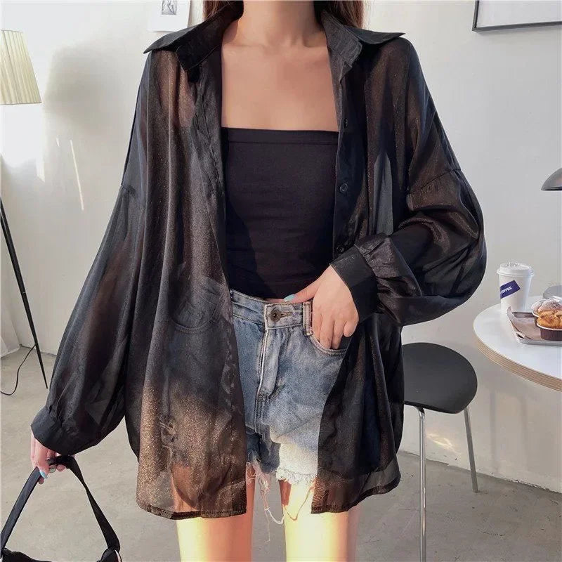 Xpqbb Women's White Chiffon Shirt Sheer Thin Long Sleeve Sun Protection Blouse Woman Casual Loose Simple Single-breasted Shirts