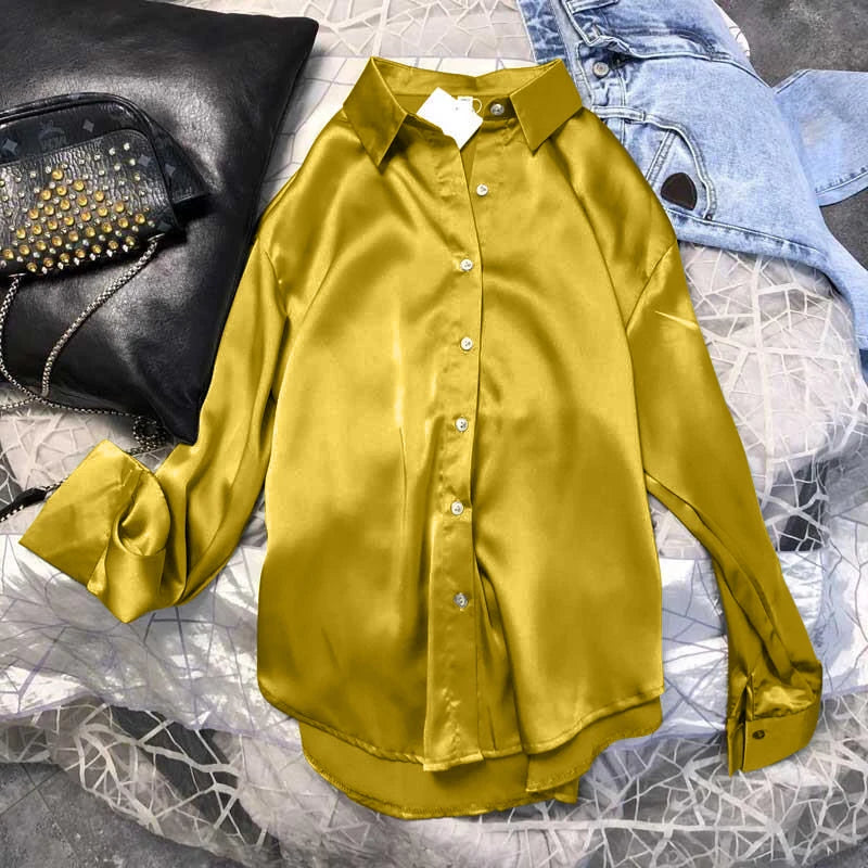 Autumn Casual Women's Satin Shirt All-Match Basic Solid Color Office Lady's Top Trendy Multicolor Shirts And Blouses Chic Top