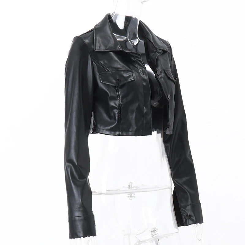 Xeemilo Autumn Faux Leather Short Jacket Y2K Turn-down Collar Fashion Botton Decoration PU Coat 2022 Grunge Street Casual Coats