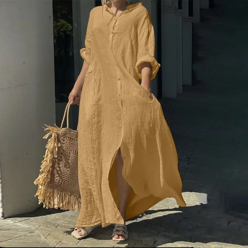 Women's L-5XL Plus Size Oversized Summer Casual Loose Pocket Flip Collar Long Dress Solid Color Casual Button Loose Oversized