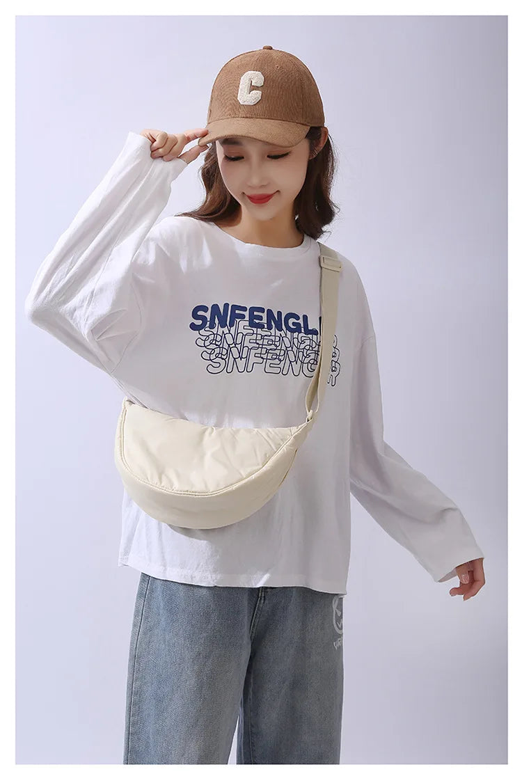 Solid Color Women's Portable Shoulder Bag Simple Female Nylon Cloth Padded Crossbody Bags Travel Purse Handbags Messenger Bag