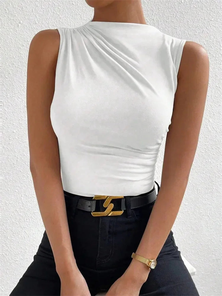 Women's Casual Mock Neck Ruched Tank Top Summer 2024 Solid Color Slim Fit Pleated Sleeveless T Shirt Tee Tshirt Streetwear