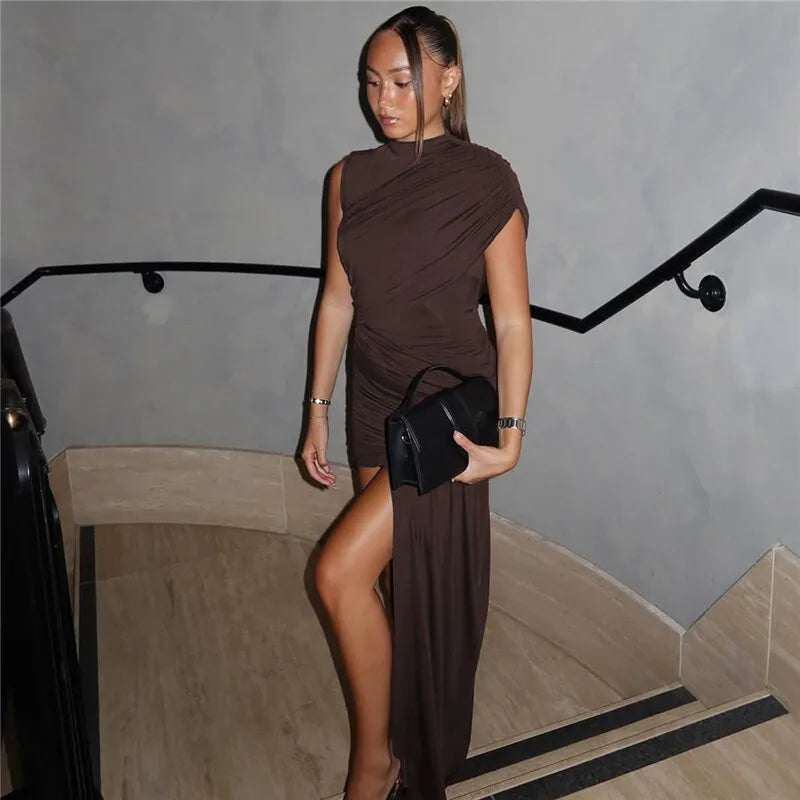 Balitops Summer Draped Ruched Sexy Mini Dress Women 2025 New Irregular High Waist Slim Fit Dress Female Elegant Club Tank Dress