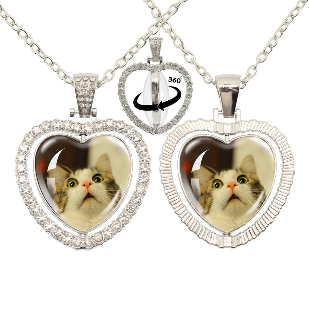 Lovely Little Cat Glass Cabochon 360 Degree Rotating Heart Shaped Pendant With Double-Sided Necklace For Girls' Birthday Gift Je