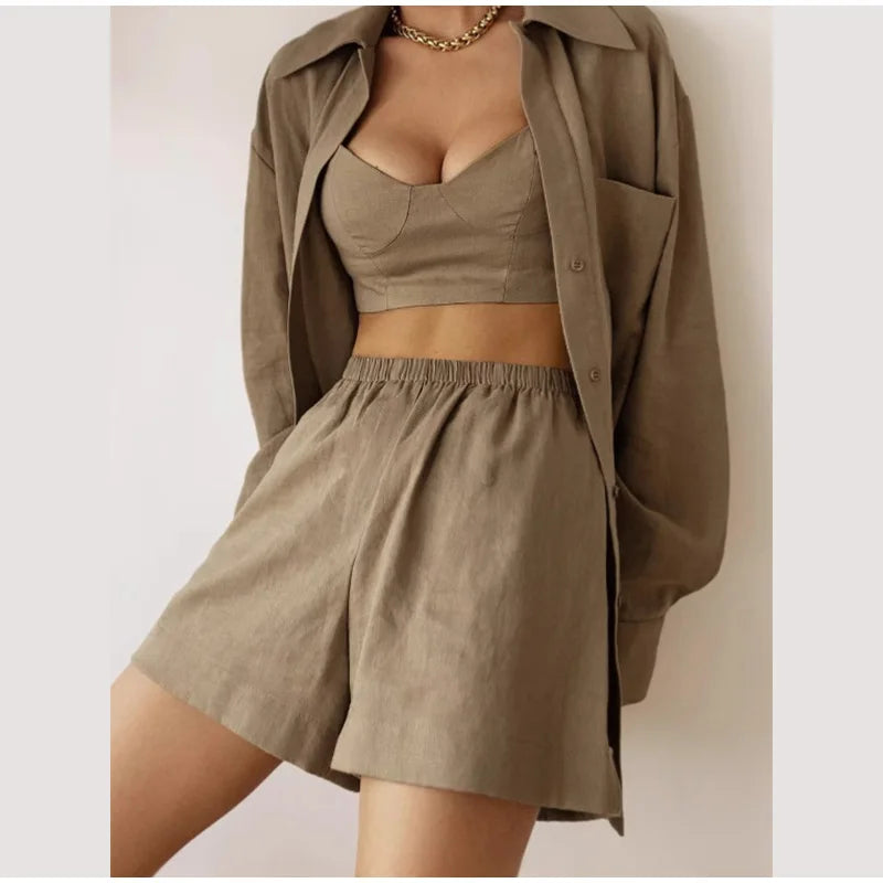 Women Elegant Stripes Cotton Linen Loose Shirt Shorts Suits Fashion Lapel Half Sleeves Elastic Waisted Shorts Summer Lady Outfit